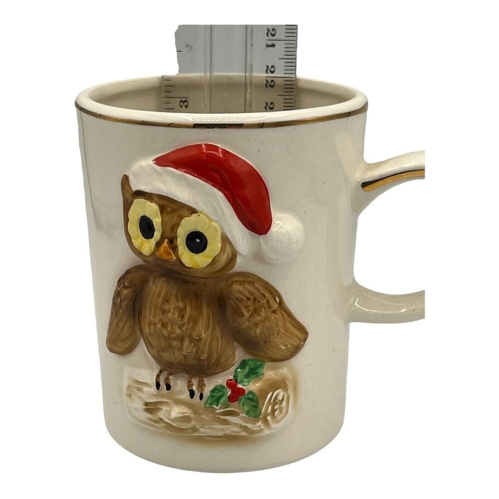 Josef Originals Christmas Owl on Yule Log Wearing Santa Hat Gilt Trim Coffee Mug - Picture 2 of 6
